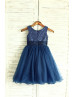 Navy Blue Sequin Tulle Curly Hem Knee Length Flower Girl Dress