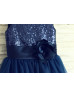 Navy Blue Sequin Tulle Curly Hem Knee Length Flower Girl Dress