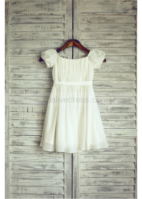 Ivory Chiffon Puff Sleeves Knee Length Flower Girl Dress