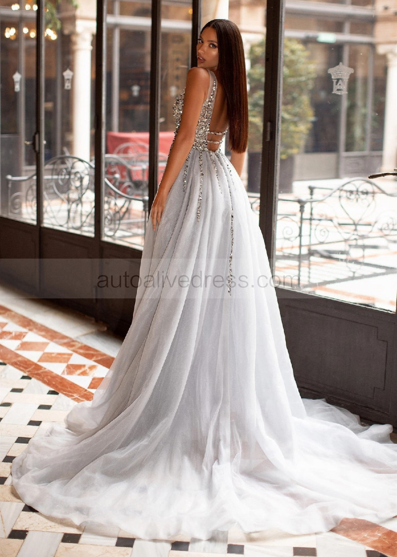 A-line Silver Beaded Tulle Exposed Back Evening Dress