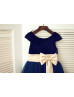 Navy Blue Velvet Tulle Tea Length Flower Girl Dress