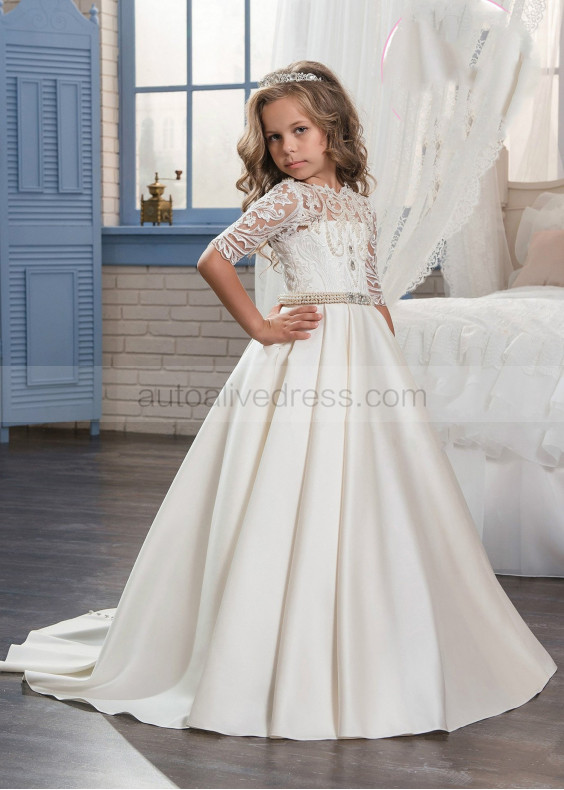 A-line Beaded Ivory Lace Satin Keyhole Corset Back Long Flower Girl Dress