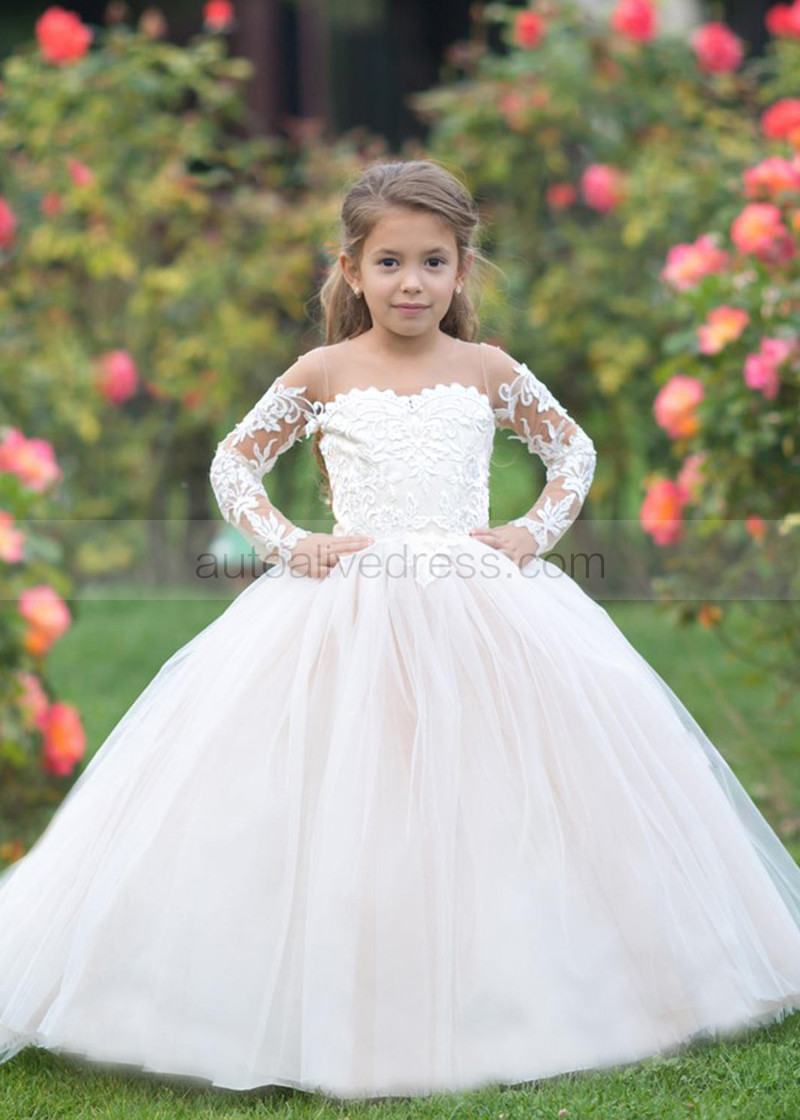 Illusion Lace Sleeve Flower Girl Dress with Bow