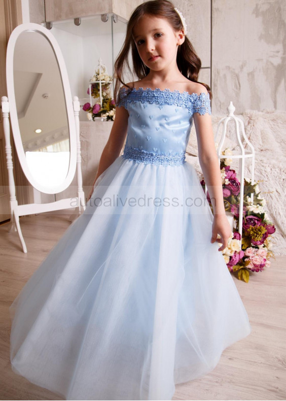 A-line Off Shoulder Sky Blue Lace Tulle Corset Back Flower Girl Dress