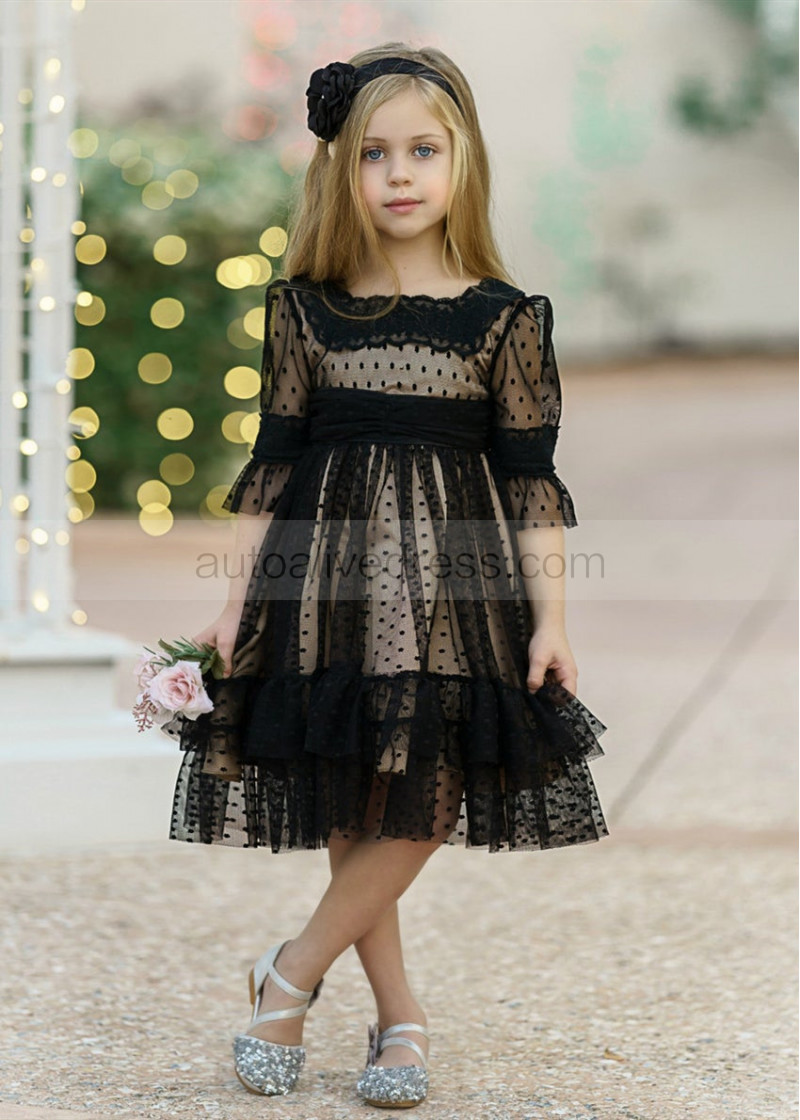 A-line Black Lace Polka Dot Tulle Rustic Flower Girl Dress