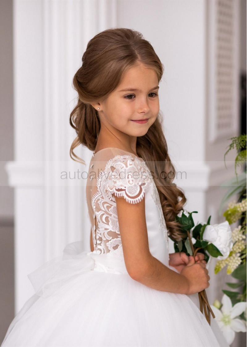 Princess Ivory Lace Tulle Sheer Buttons Back Flower Girl Dress