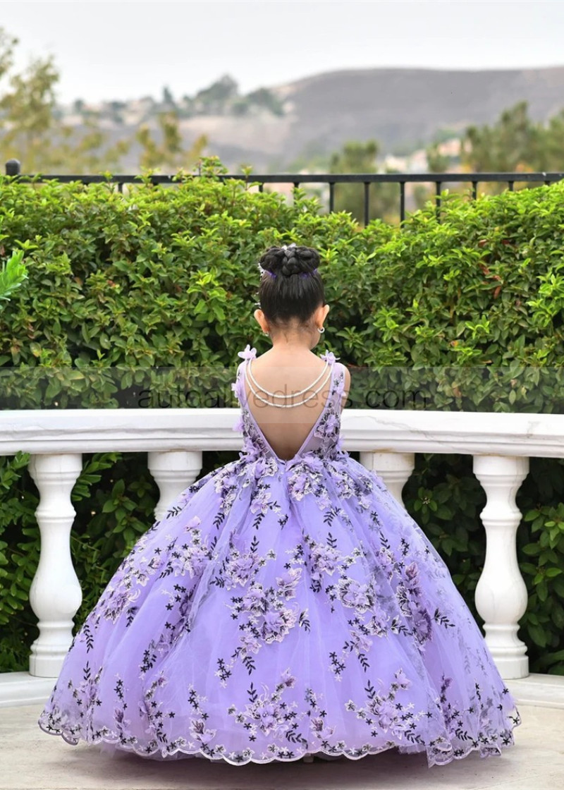 Ball Gown Violet Lace Tulle Pearl Embellished Romantic Flower Girl
