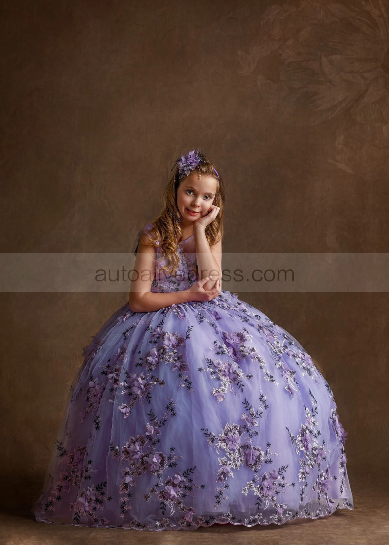 Ball Gown Violet Lace Tulle Pearl Embellished Romantic Flower Girl