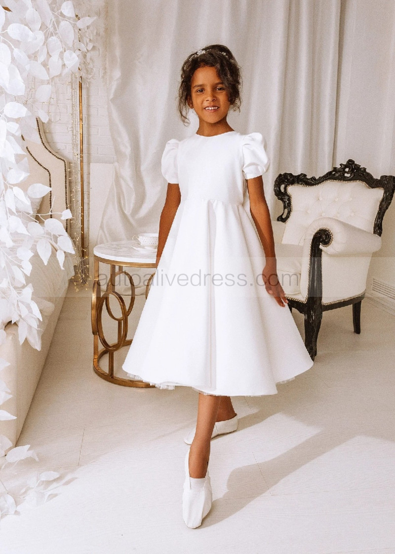 White Satin & Chiffon Short Sleeve Girls Formal Dress - Girls dresses