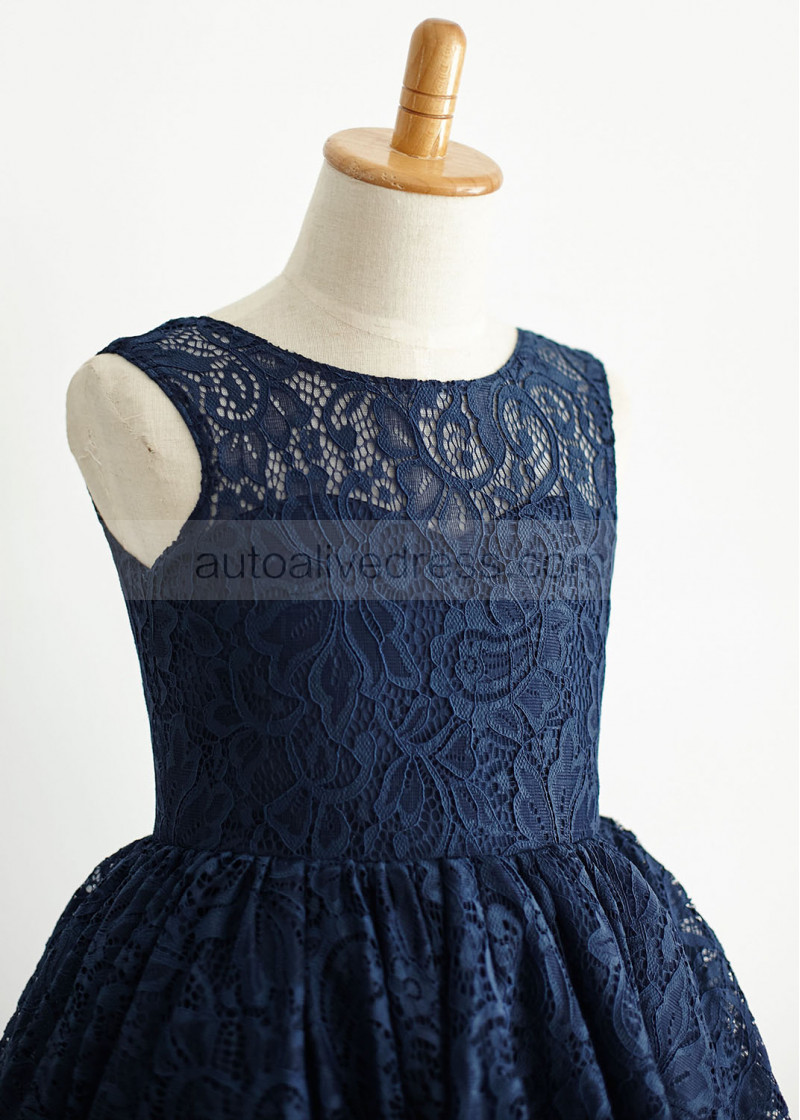 A-line Navy Blue Lace Flower Girl Dress With Navy Blue Bow