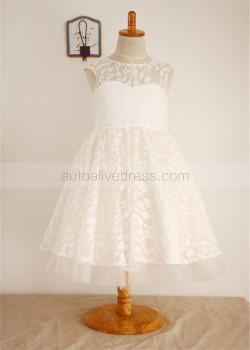 Sheer Neck Peach Pink Tulle Ivory Lace Wedding Flower Girl Dress