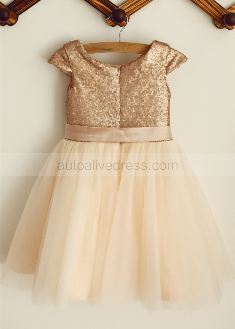 A-line Champagne Sequin Tulle Flower Girl Dress With Sash
