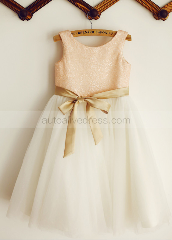 A-line Blush Pink Sequin Ivory Tulle Flower Girl Dress With Champagne Sash