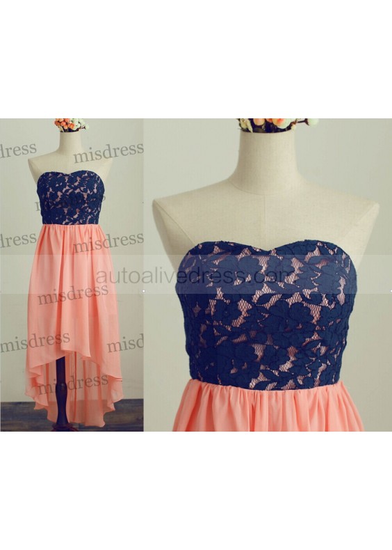 Strapless Navy Blue Lace Coral Chiffon High Low Prom Dress