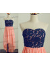 Strapless Navy Blue Lace Coral Chiffon High Low Prom Dress