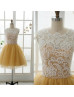 Ivory Lace Mustard Yellow Tulle Short Bridesmaid Dress