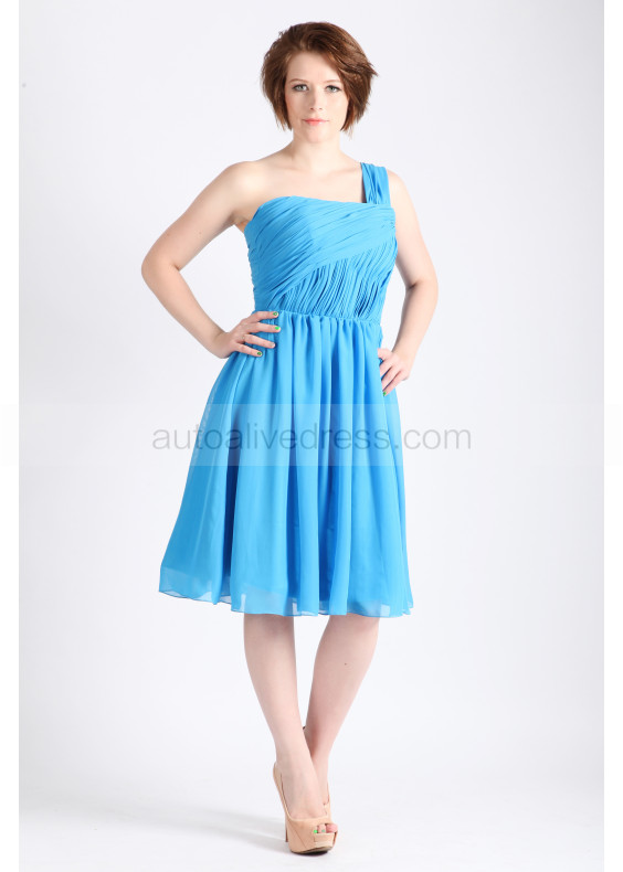 One Shoulder Blue Chiffon Pleated Bridesmaid Dress