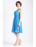 One Shoulder Blue Chiffon Pleated Bridesmaid Dress