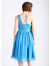 One Shoulder Blue Chiffon Pleated Bridesmaid Dress