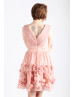 V Neck Rose Pink Chiffon 3D Flowers Short Bridesmaid Dress