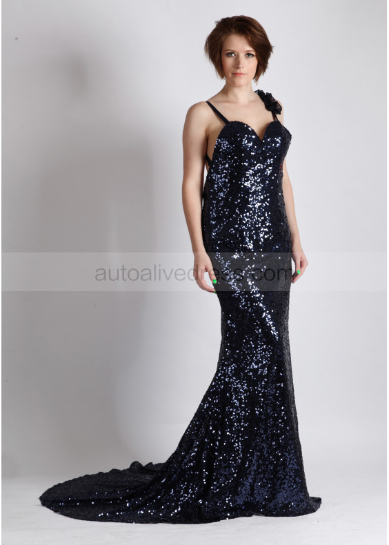 Sexy Navy Blue Sequin Backless Bridesmaid Dress