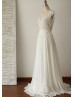 Ivory Lace Chiffon Deep V Back Sheer Wedding Dress