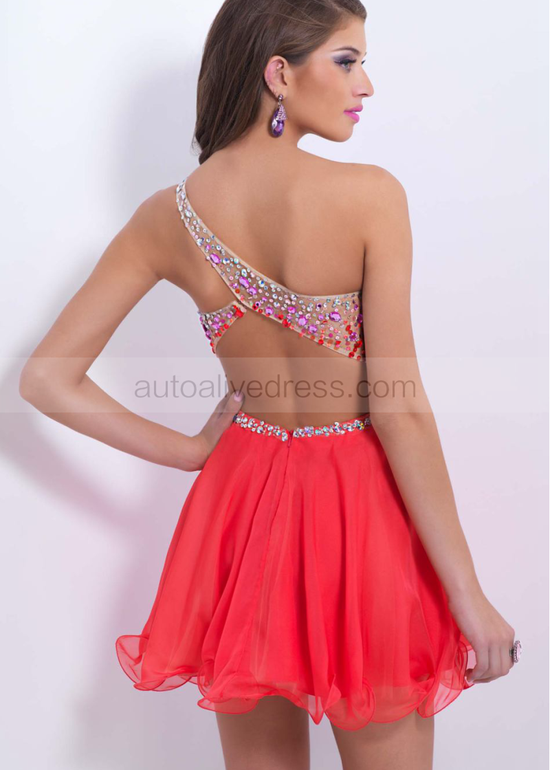 Coral One Shoulder Chiffon Prom Dress