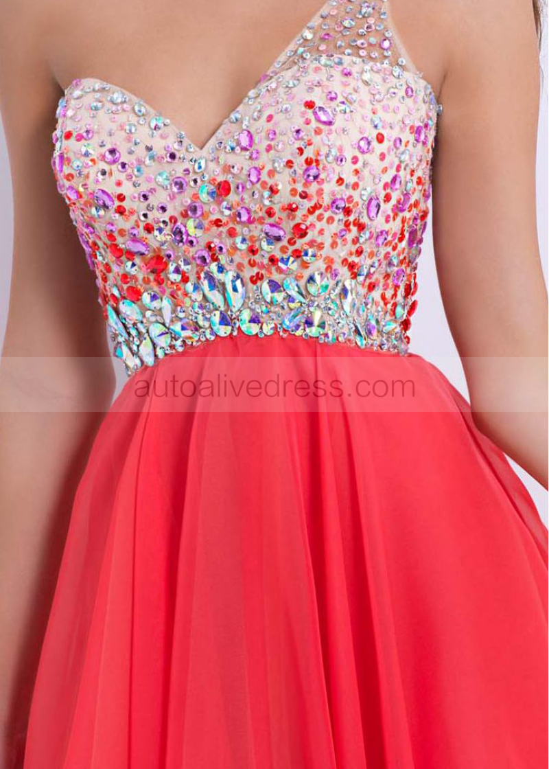 Coral One Shoulder Chiffon Prom Dress