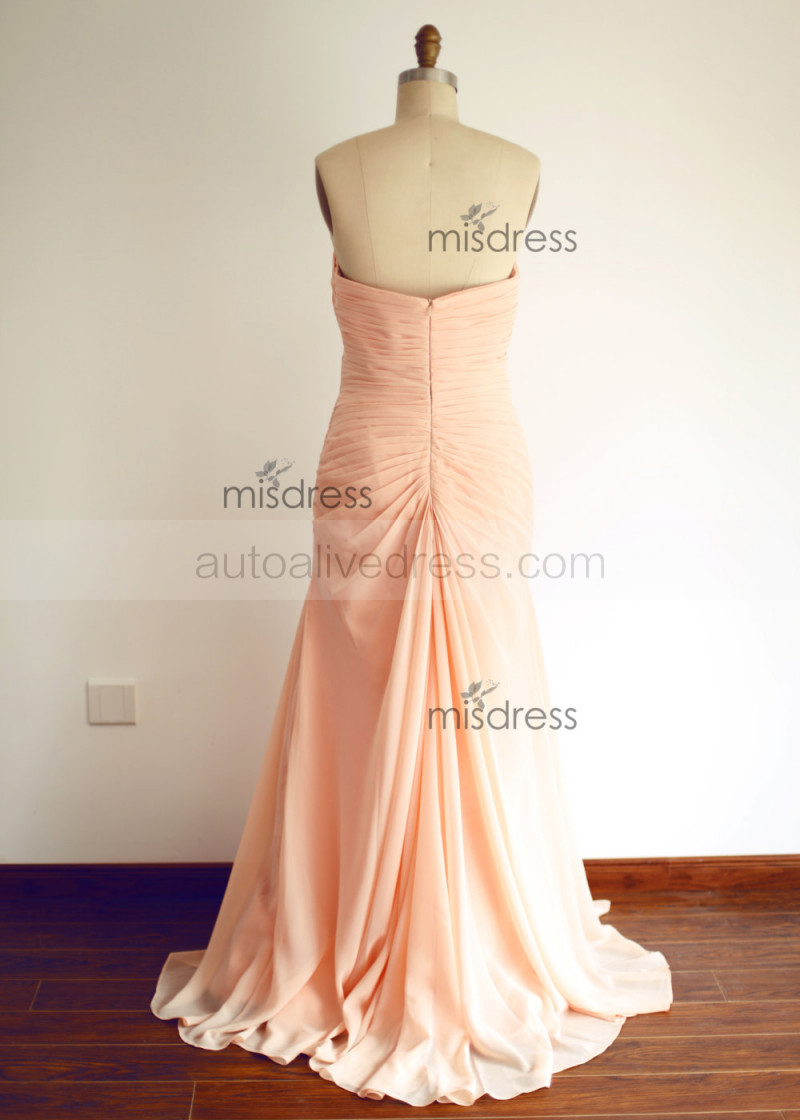 Peach Ruffled Sleeve Flowing Chiffon Formal Dress