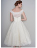 Ivory Lace Tulle Tea Length Vintage Wedding Dress