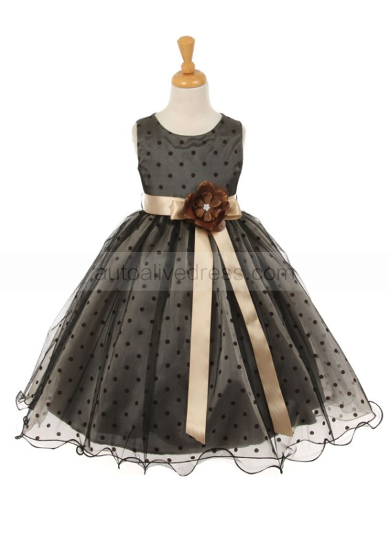 Black Polka Dot Tulle Tea Length Curly Hem Flower Girl Dress