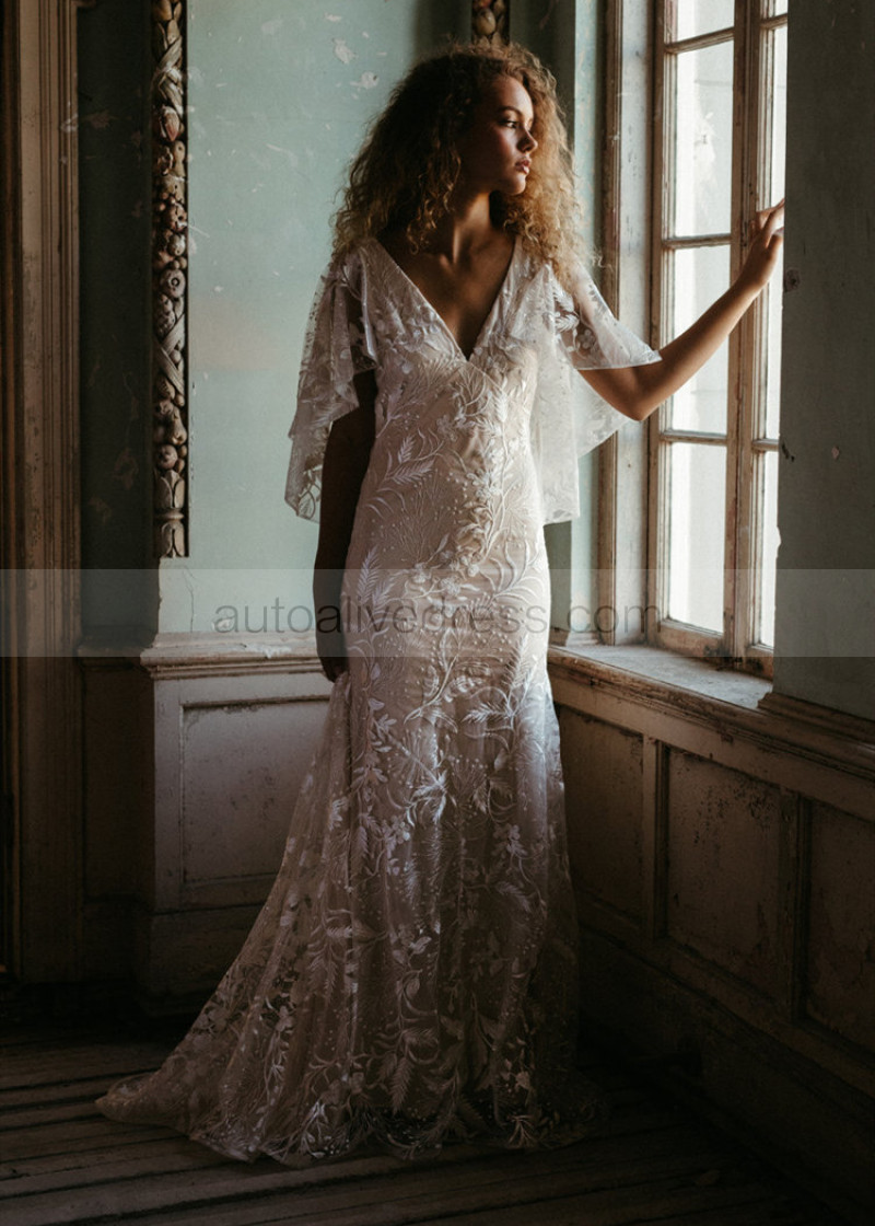 Mermaid Cape Sleeve Ivory Lace Wedding Dress With Nude Lining