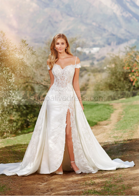 A-line Beaded Ivory Lace Satin Side Slit Wedding Dress With Detachable ...