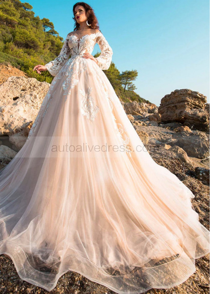 Ball Gown Ivory Lace Peach Tulle Wedding Dress With Horsehair Trim