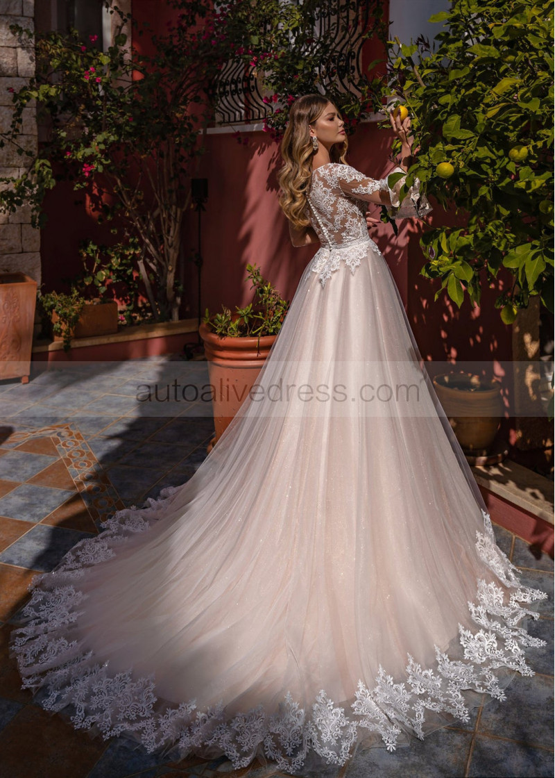 Ball Gown Bell Sleeves Beaded Lace Tulle Peplum Wedding Dress