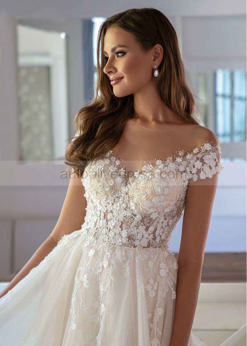 Fairy Lace Flowers Vneck Wedding Dress With Flowy Tulle Wholesale #T47097 