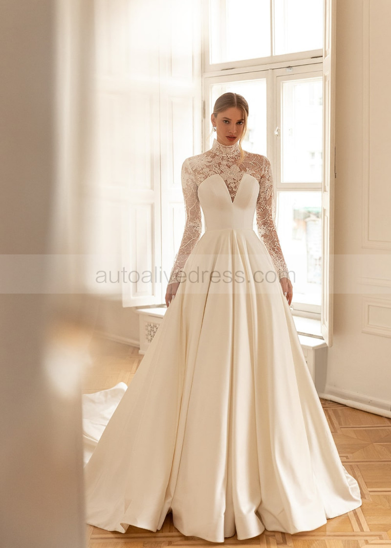 High Collar V Neck Wedding Dress