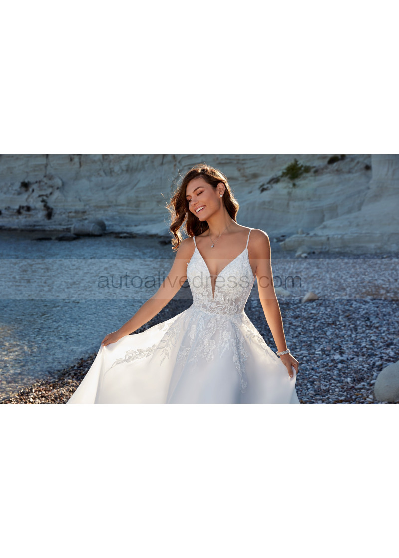 A-line Ivory Beaded Lace Organza Butterfly Keyhole Back Wedding Dress With  Pockets