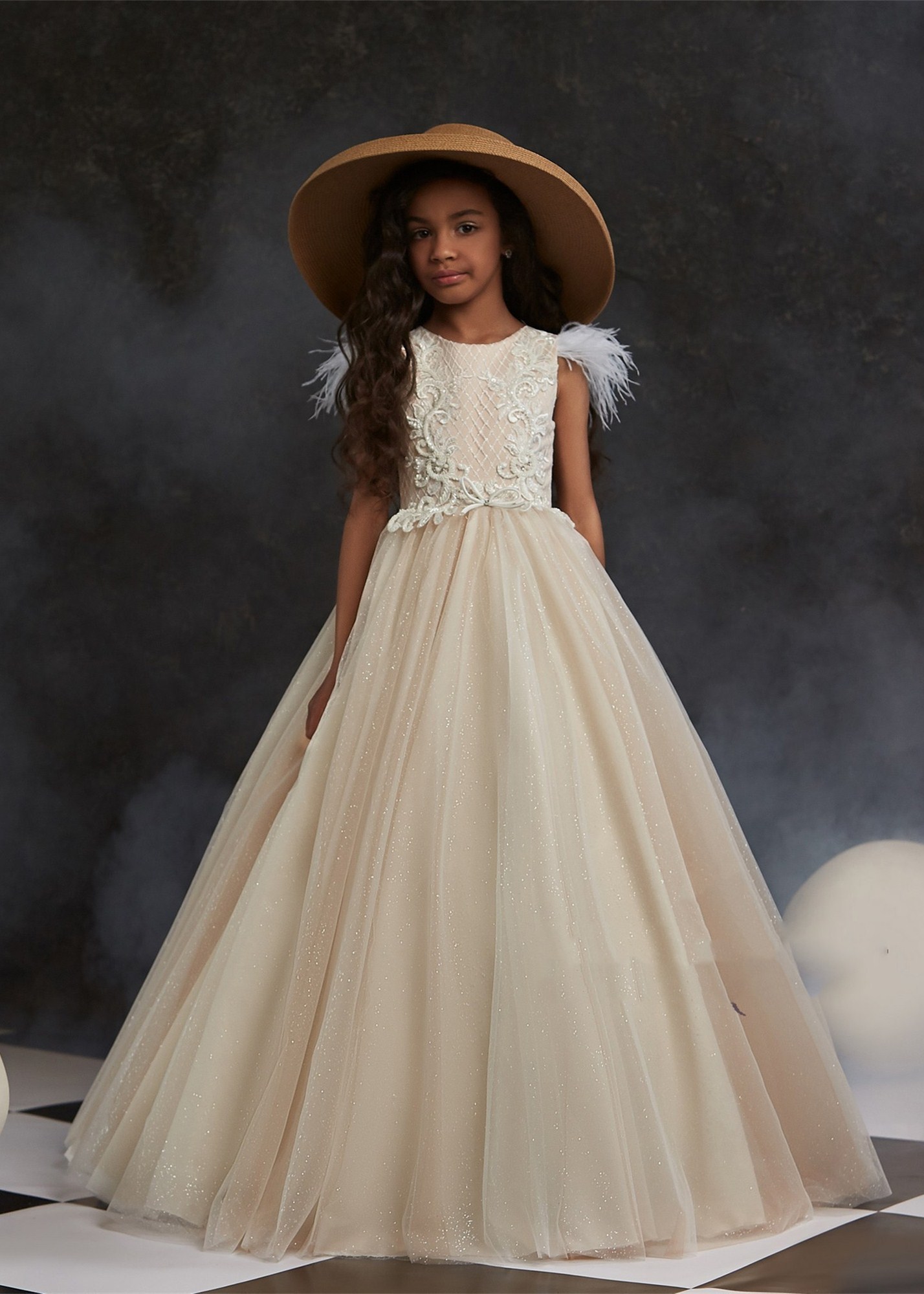 A-line Feather Sleeve Beaded Lace Sparkle Tulle Flower Girl Dress