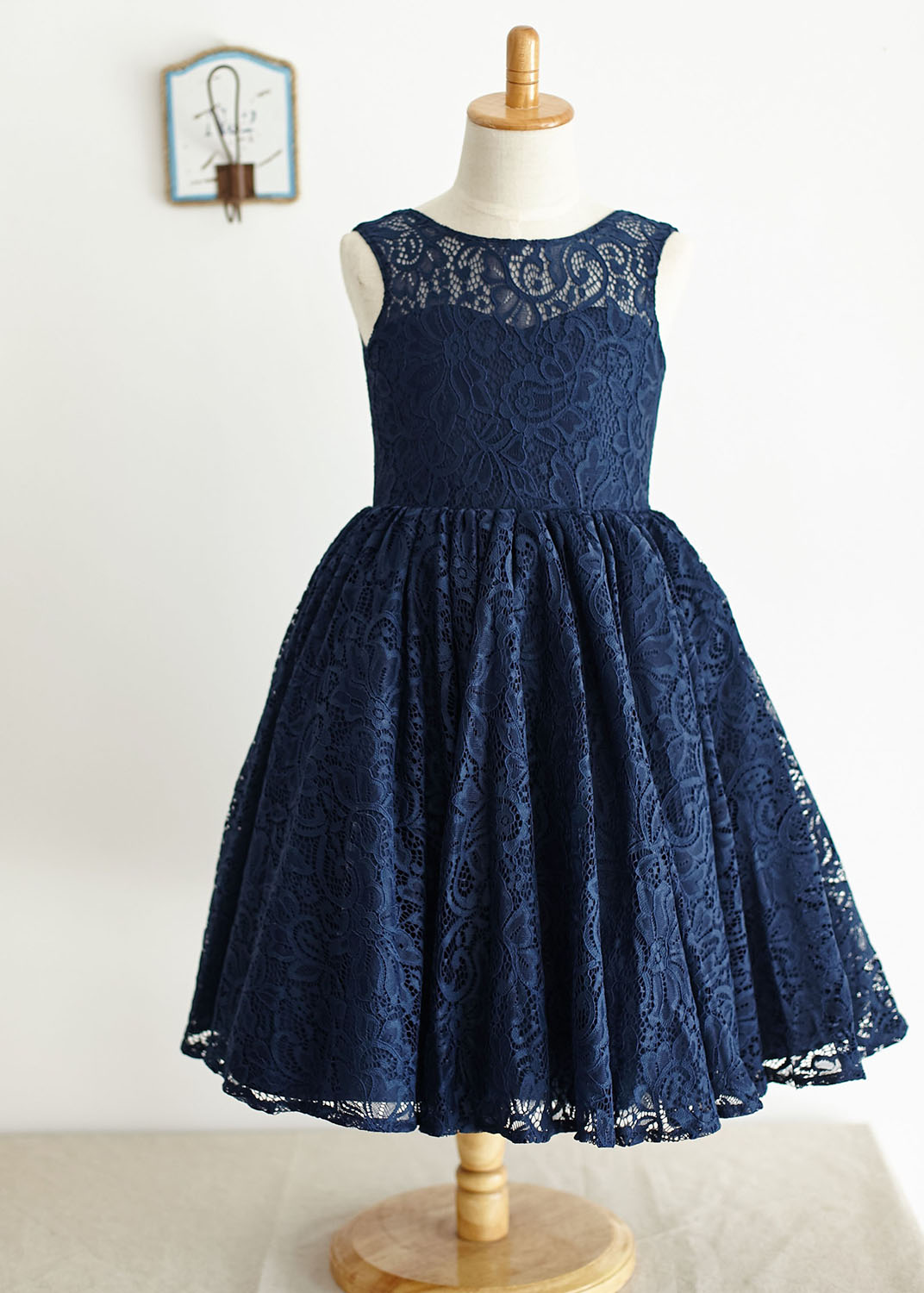 A-line Navy Blue Lace Deep V Back Knee Length Flower Girl Dress