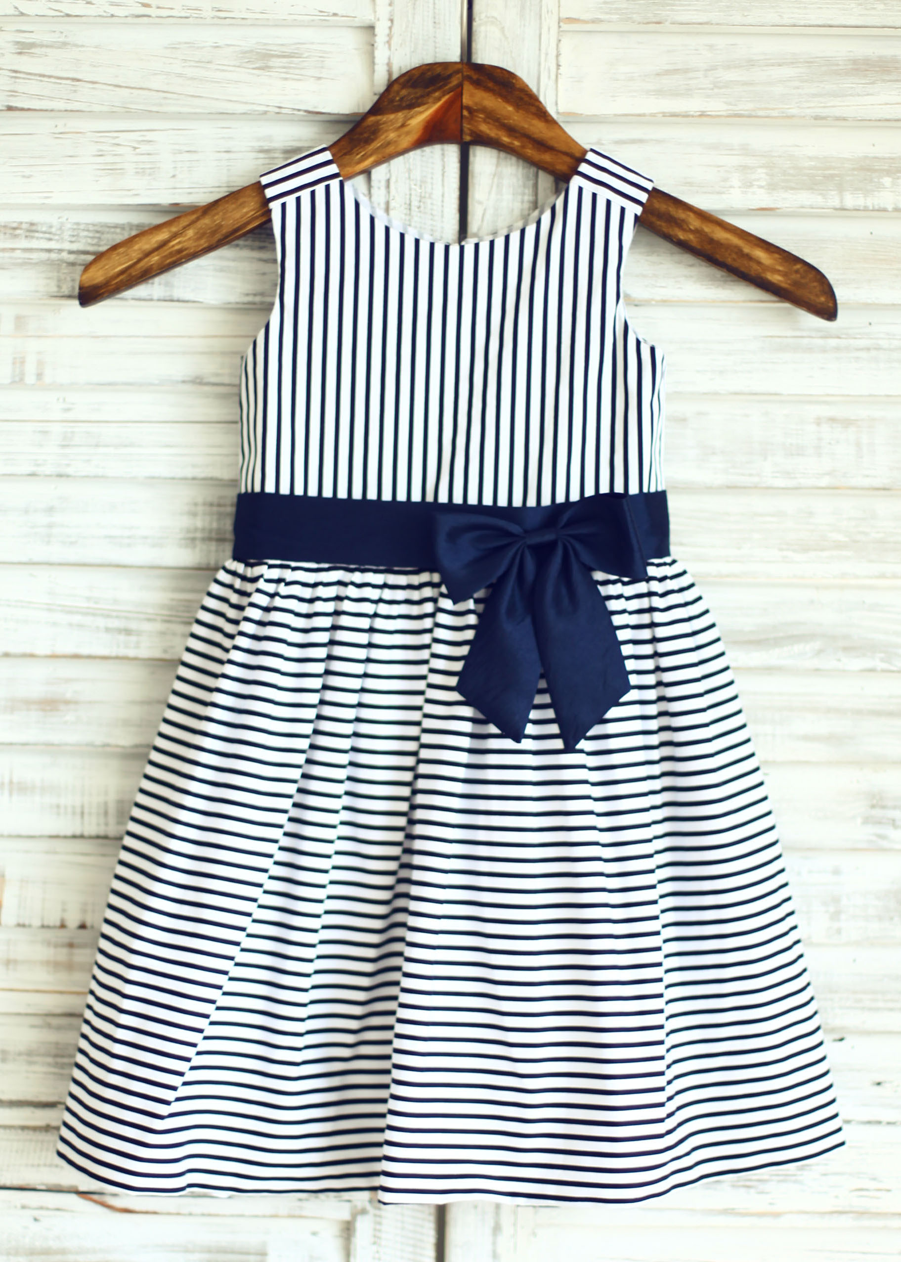 A-line Ivory Blue Cotton Stripes Flower Girl Dress With Navy Blue ...