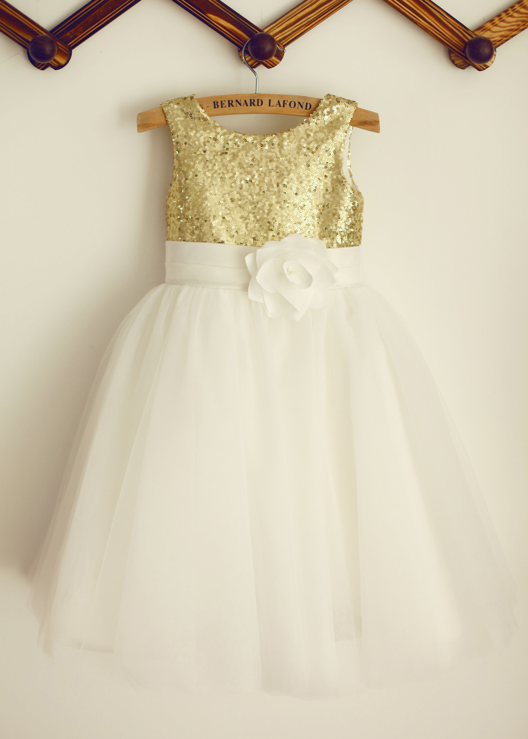 A-line Gold Sequin Ivory Tulle Flower Girl Dress With Flower Sash