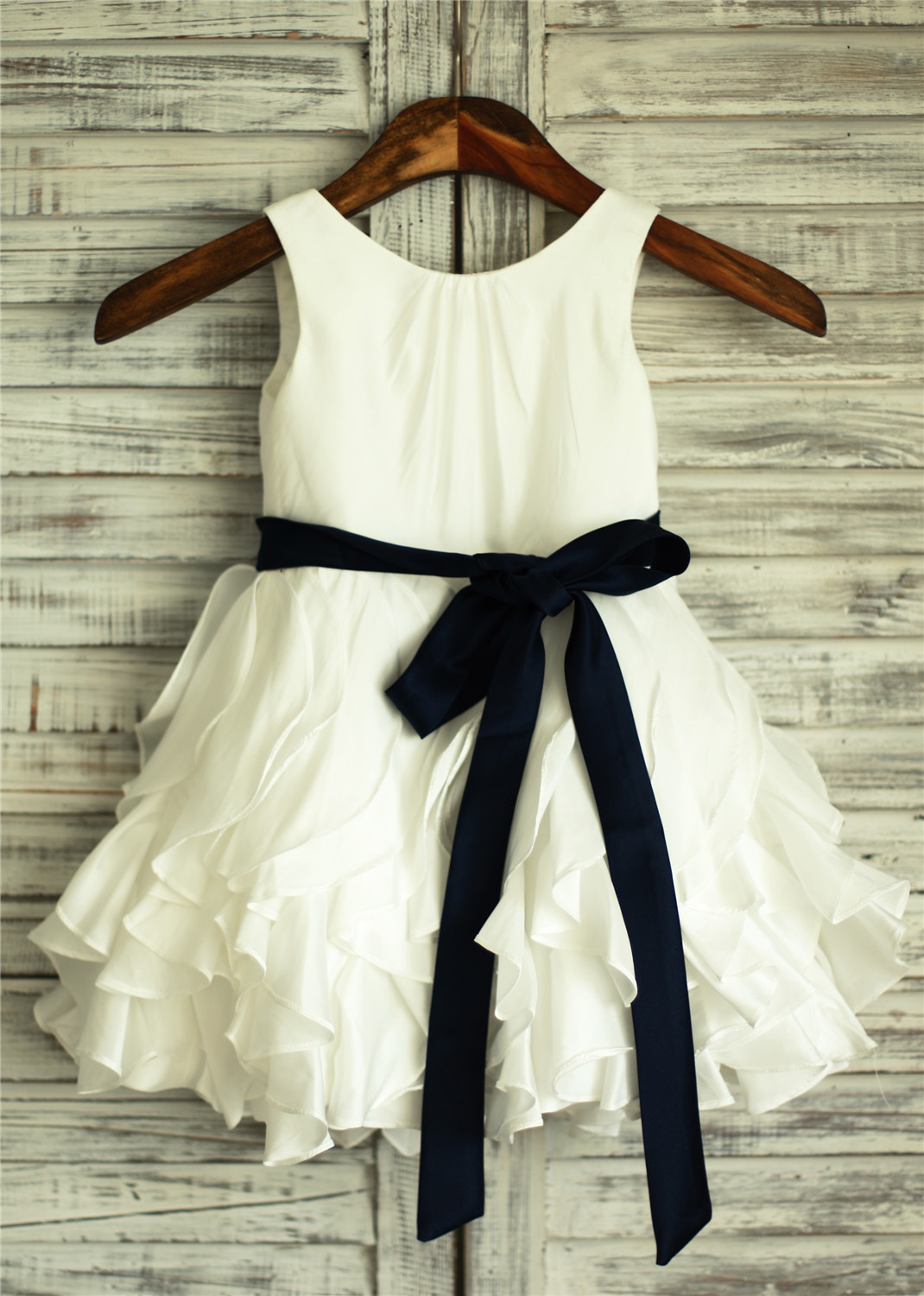 A-line Ivory Taffeta Ruffle Flower Girl Dress With Navy Blue Sash