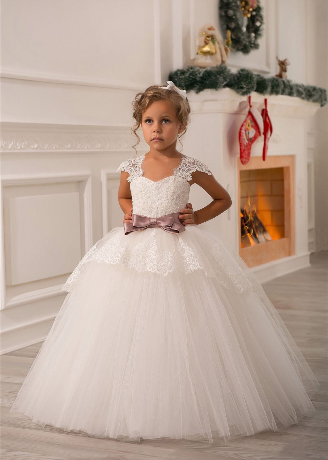 Ball Gown Ivory Lace Tulle Cap Sleeves Long Princess Flower Girl Dress
