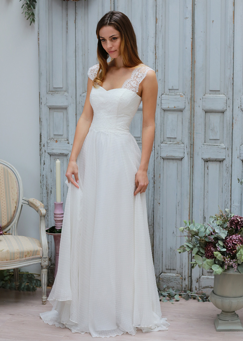 Ivory Lace Polka Dot Organza Straps Floor Length Wedding Dress