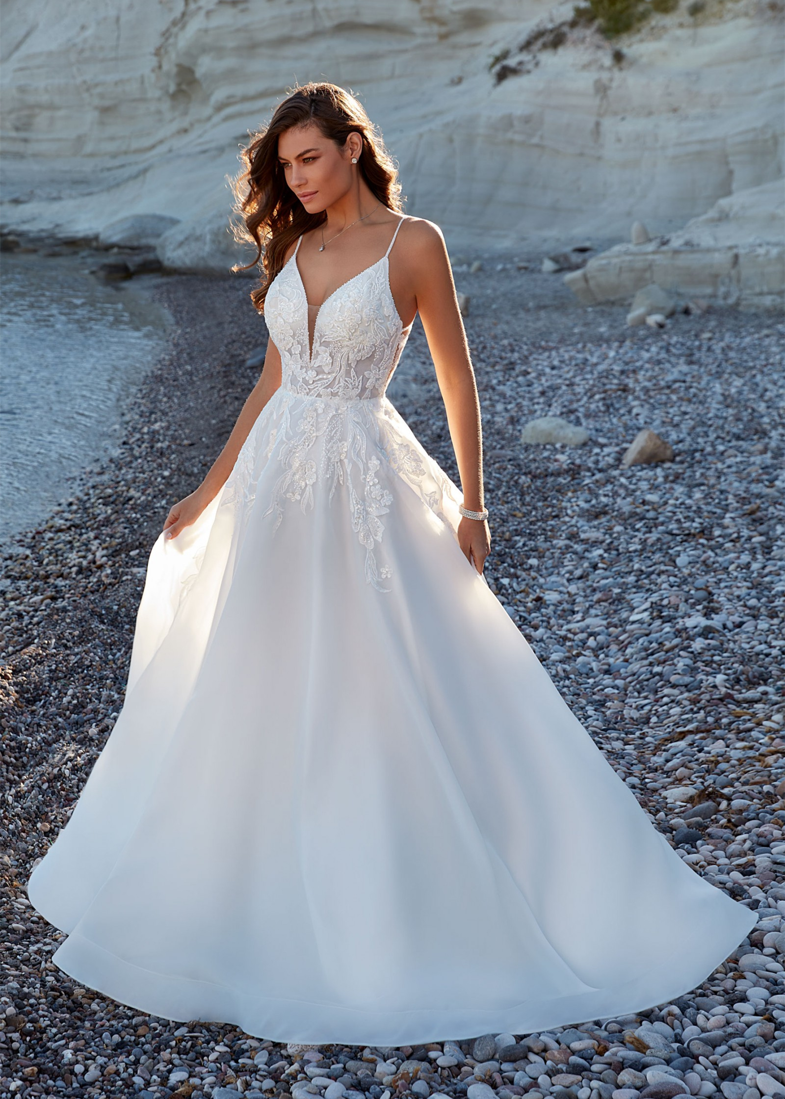 Soft Ivory Net Beaded Deep V Illusion A-Line Wedding Gown Graceful Lace  Wedding Dress AWD1670